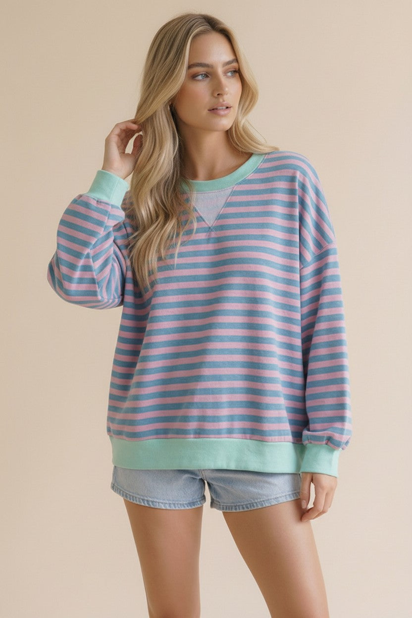 Seafoam & Blush Stripe Crewneck