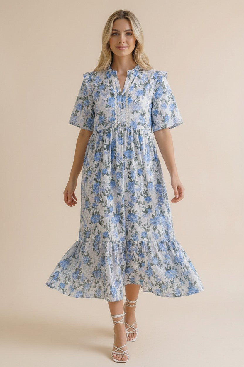 Ivory & Blue Babydoll Tiered Dress