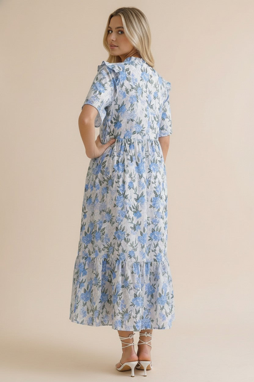 Ivory & Blue Babydoll Tiered Dress