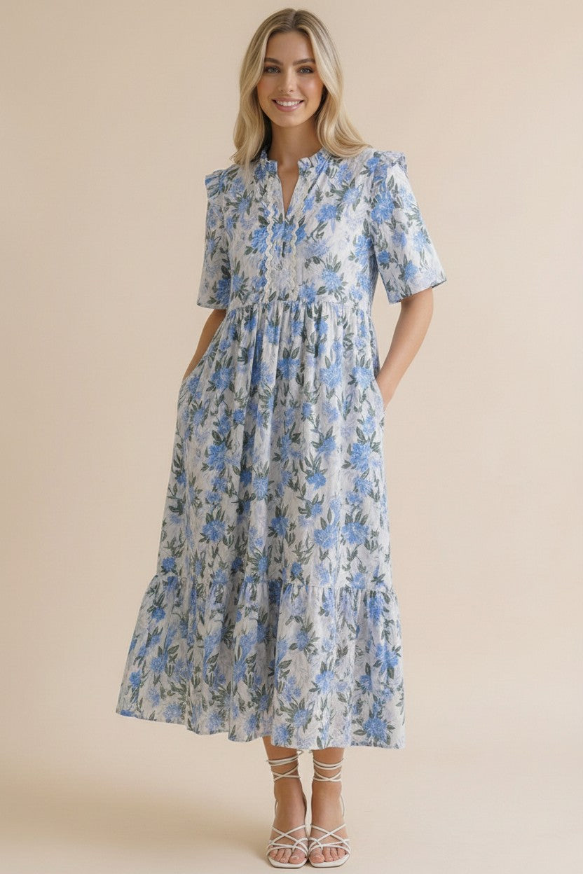 Ivory & Blue Babydoll Tiered Dress