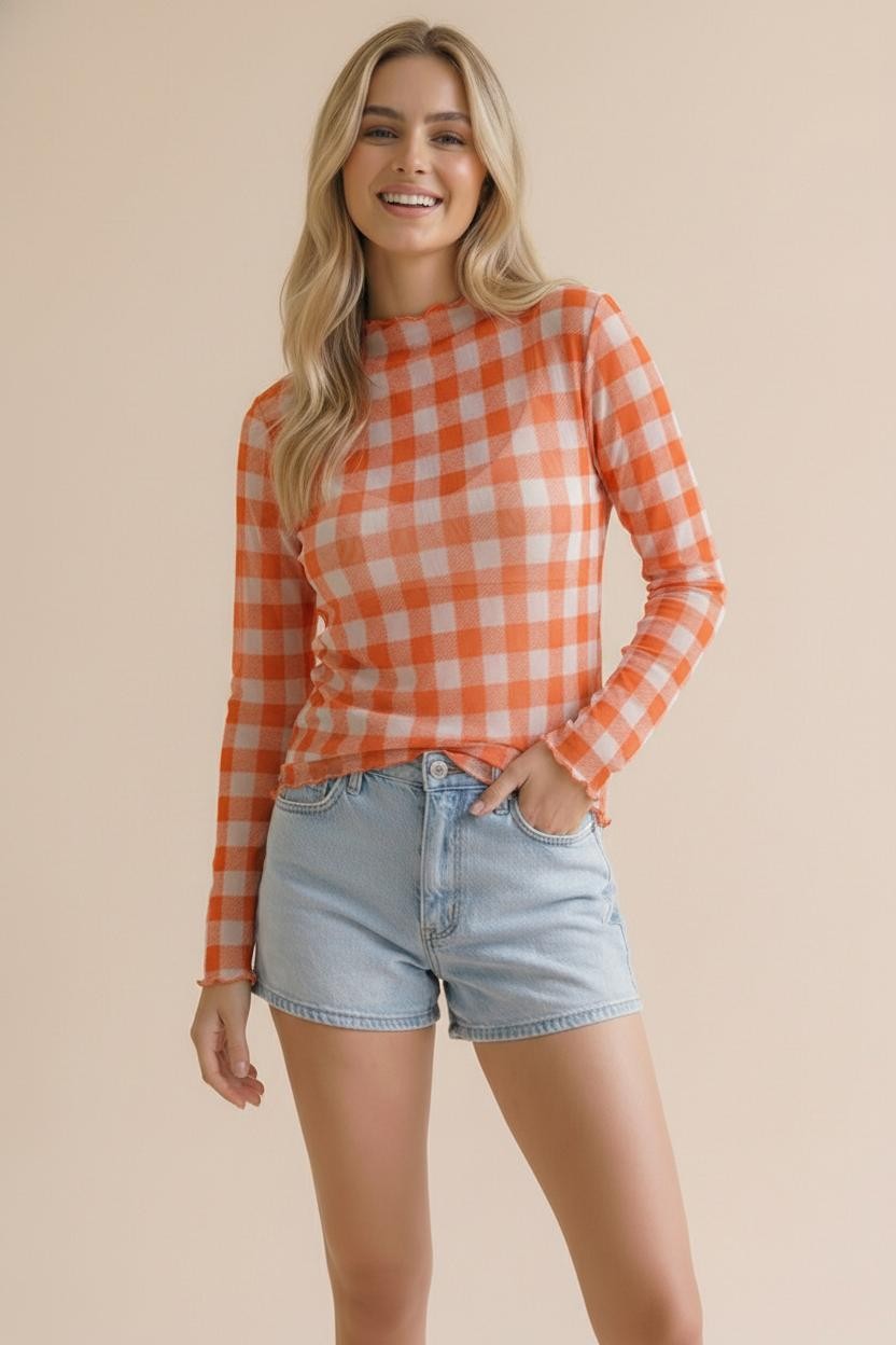 Orange Checkered Mesh Top
