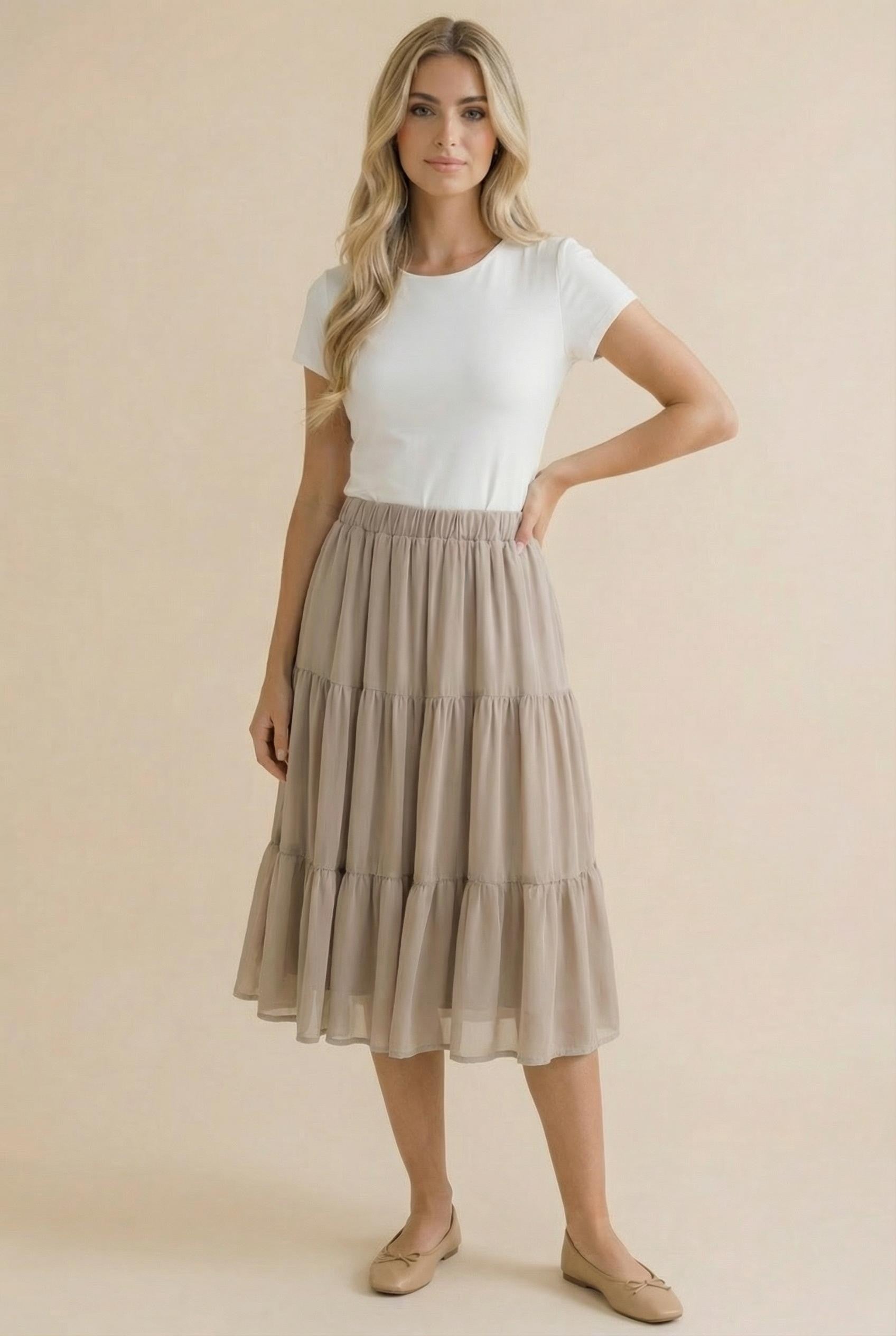 Taupe Tiered Midi Skirt