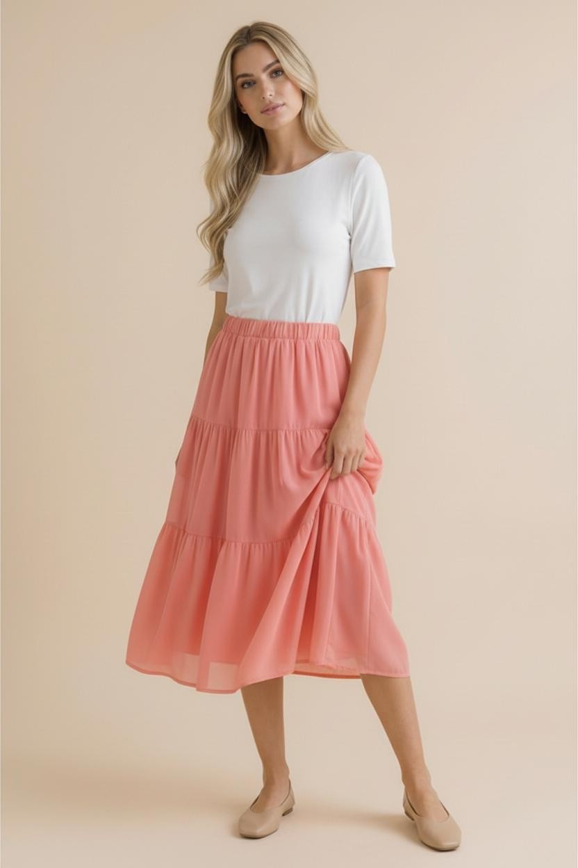 Peach Tiered Midi Skirt