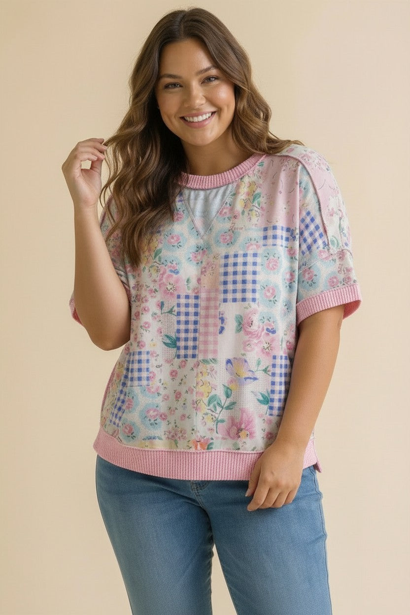 Blue/Blush Floral Patchwork Top