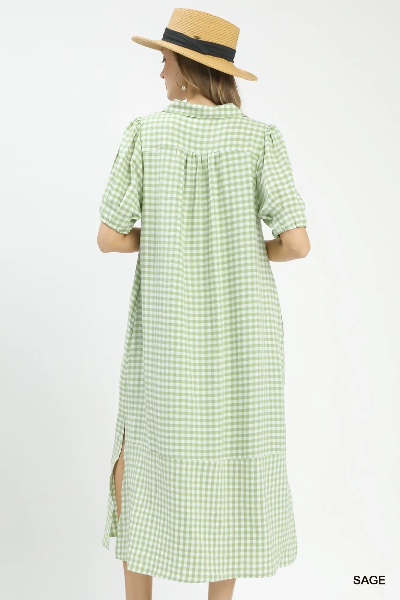 Back of a Woman modeling a sage green gingham midi dress