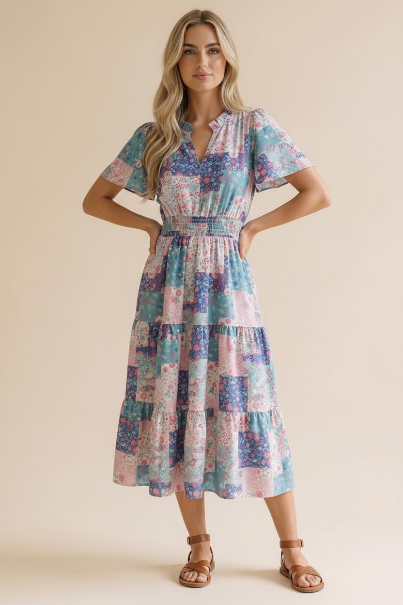 Woman wearing a floral dress against a beige background