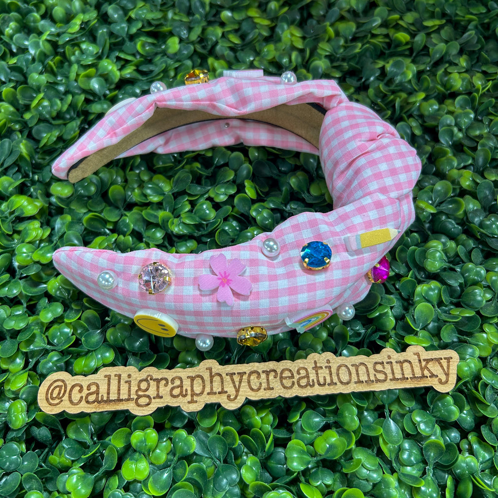 Pink gingham headband with charms