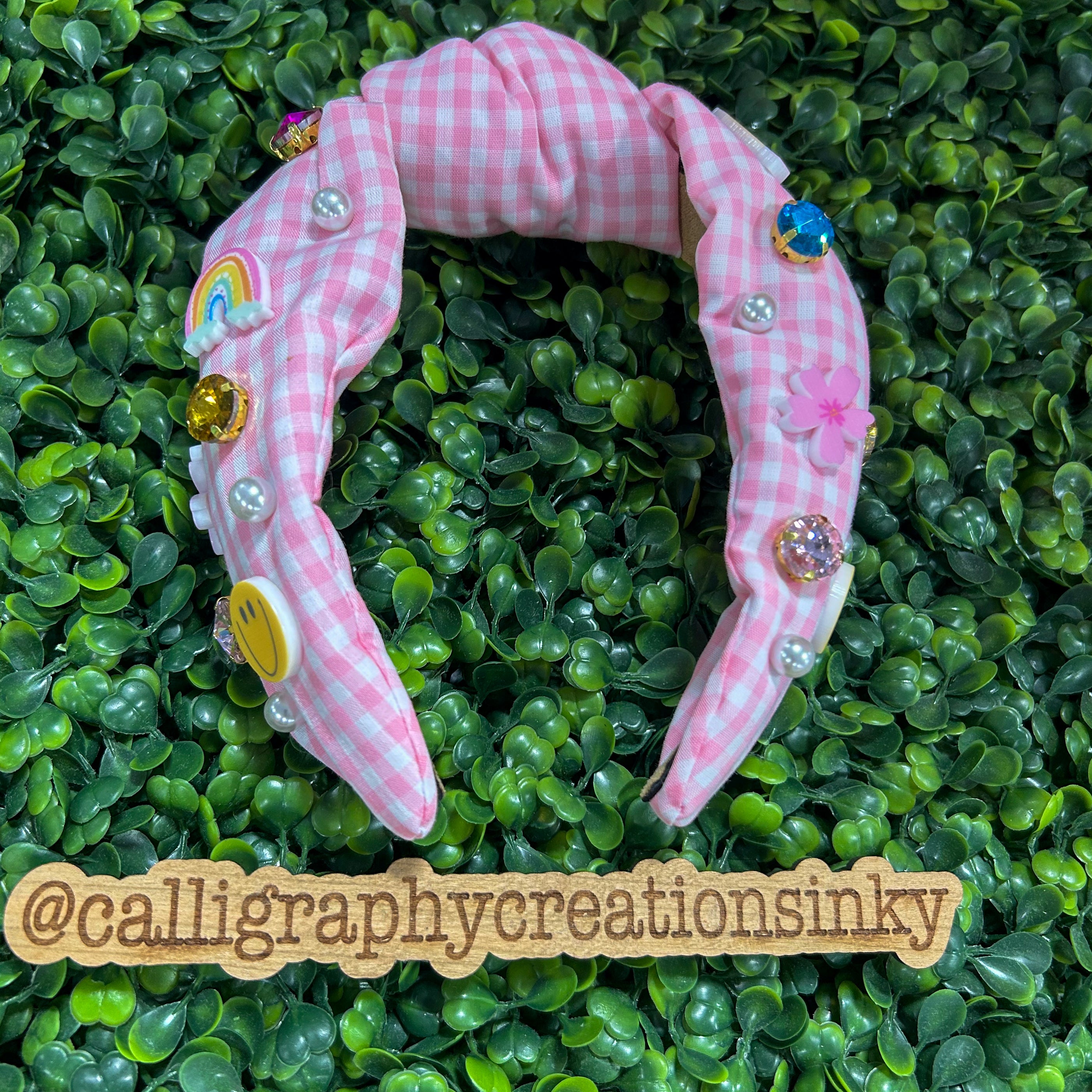 Pink gingham headband with charms