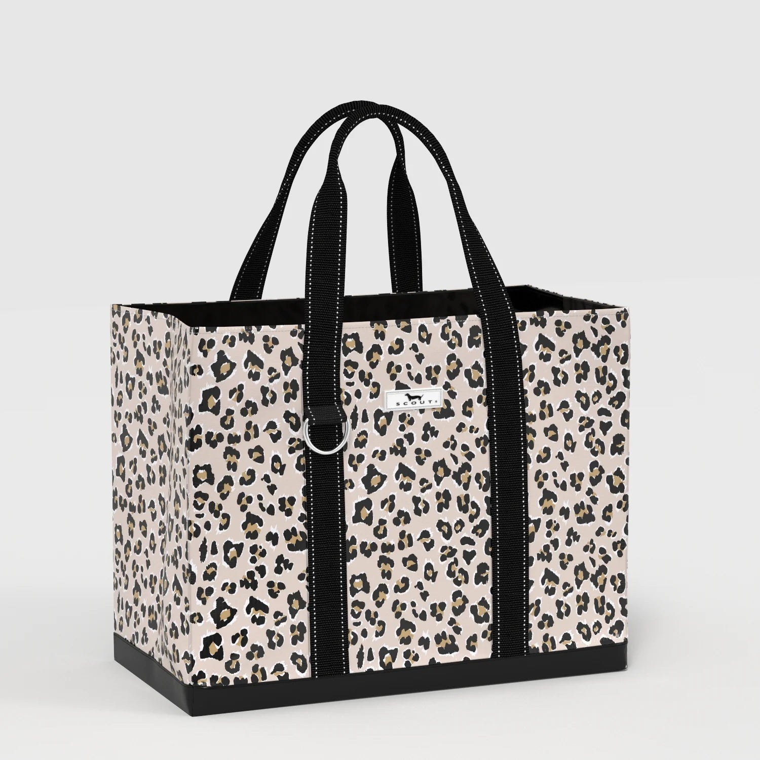 Leopard print tote bag with black handles