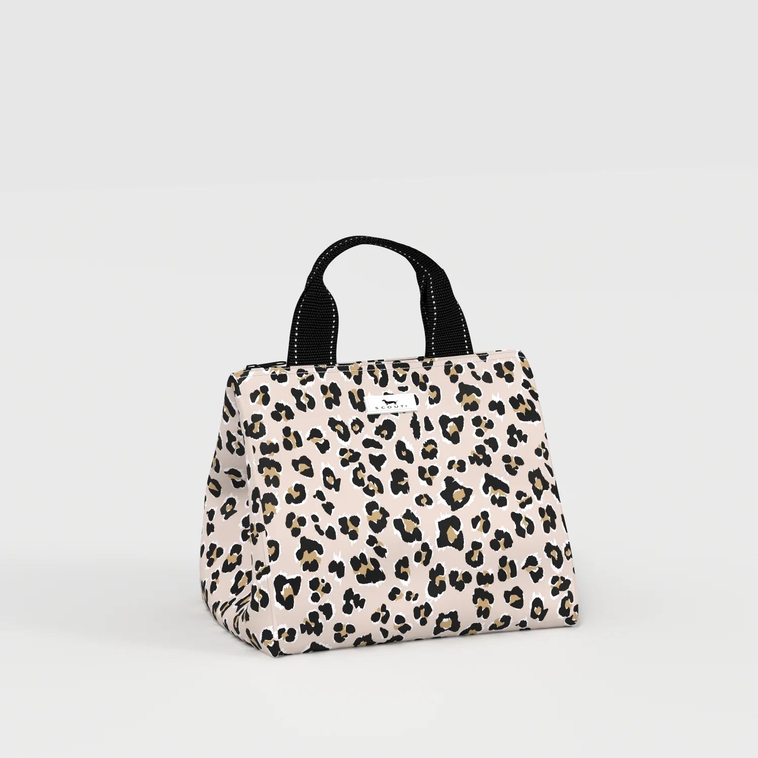 A structured tote bag with a light pink leopard print pattern and black handles, shown on a clean light gray background.