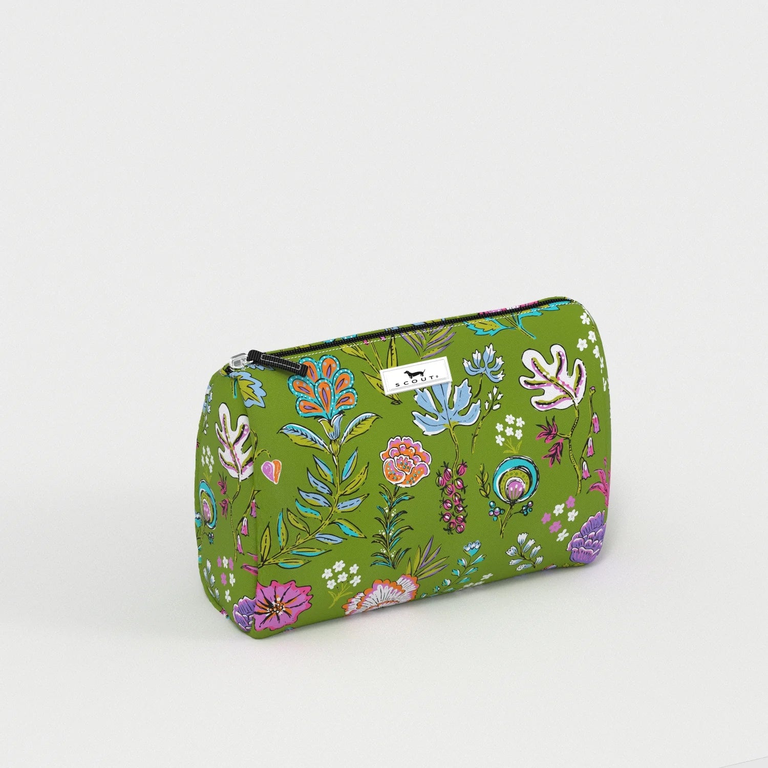 Green pouch with floral pattern on a white background