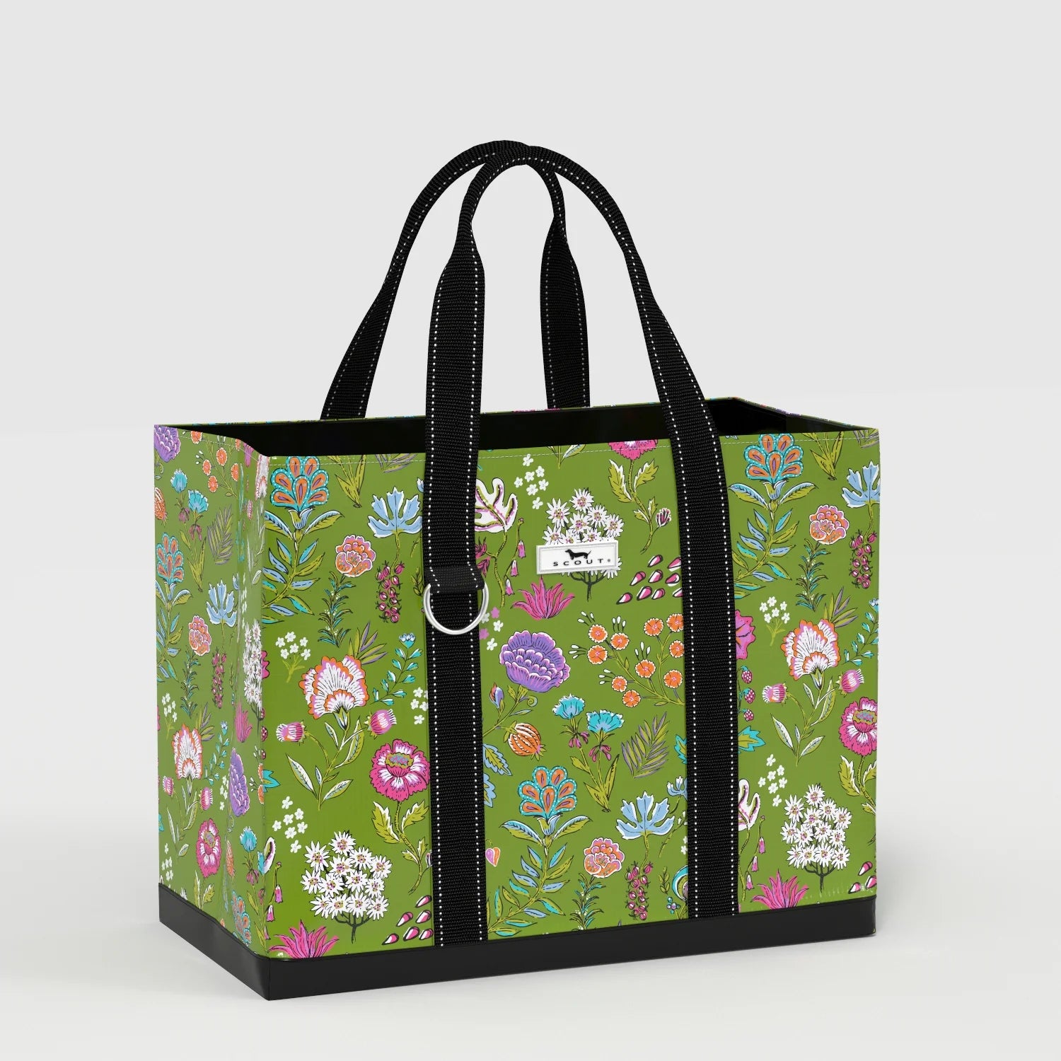 Green floral tote bag with black handles