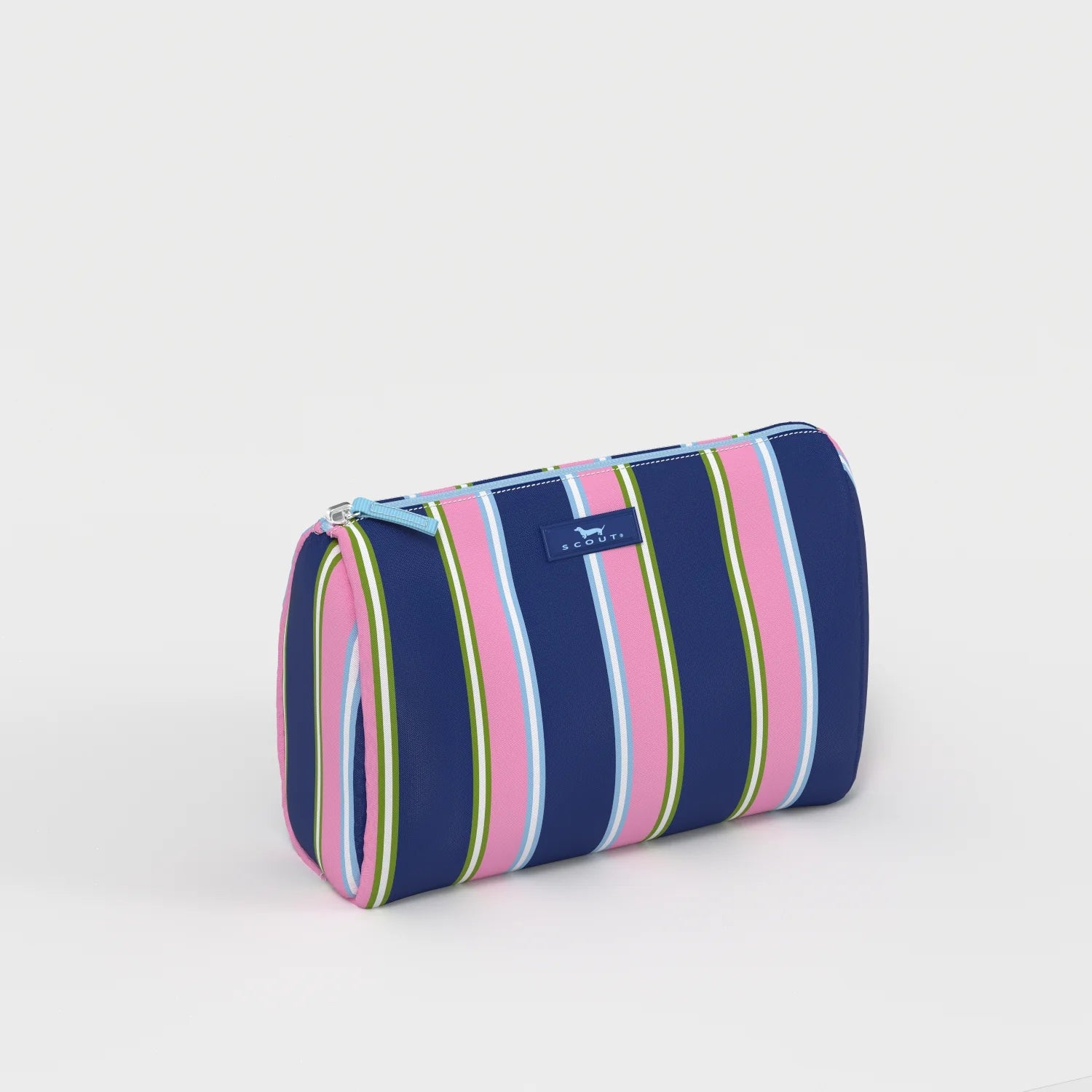 Pink and blue striped makeup bag