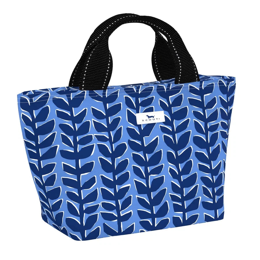 Blue patterned bag with black handle on a white background