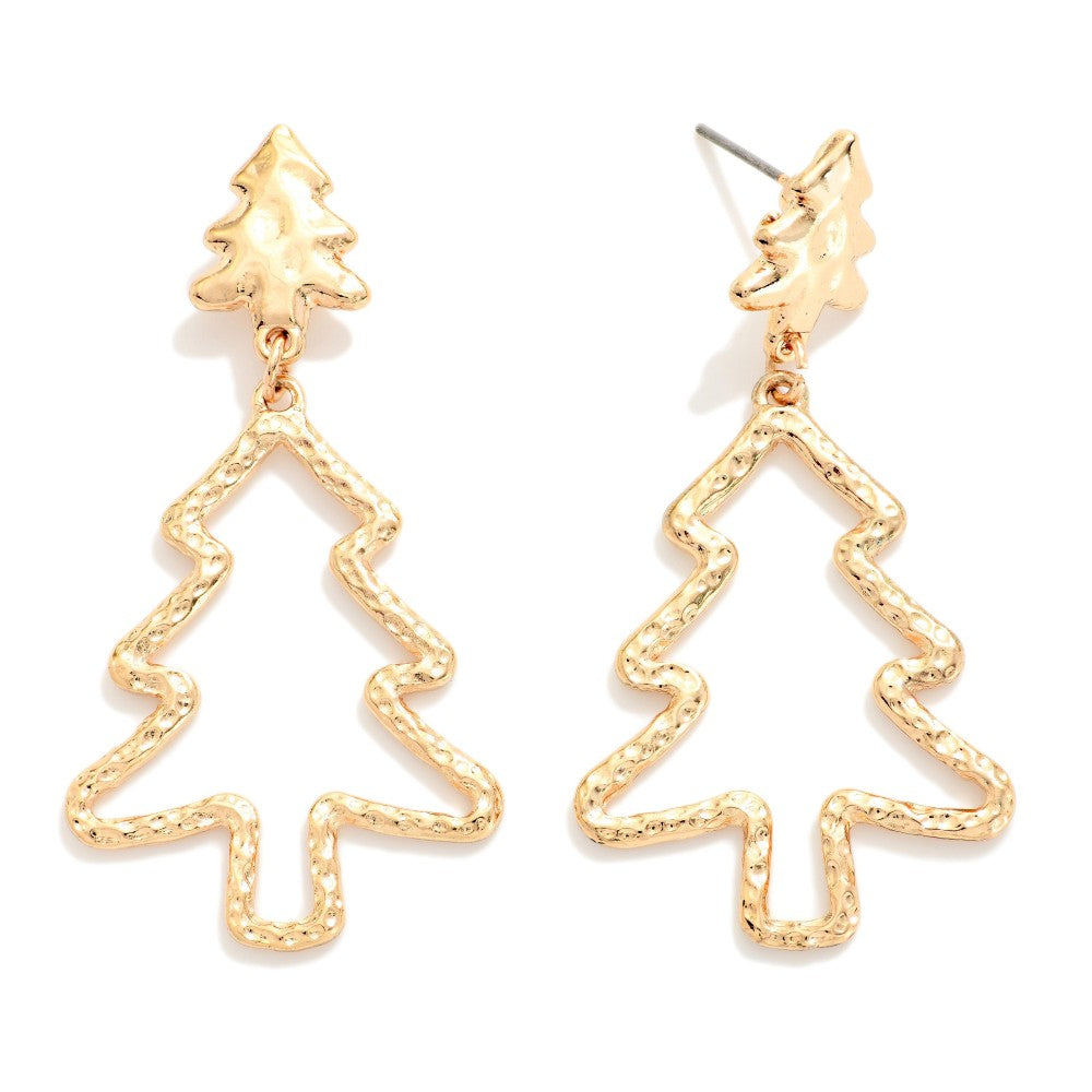 A pair of gold tree-shaped dangle earrings with a textured, hammered finish and a post back, displayed on a clean white background.