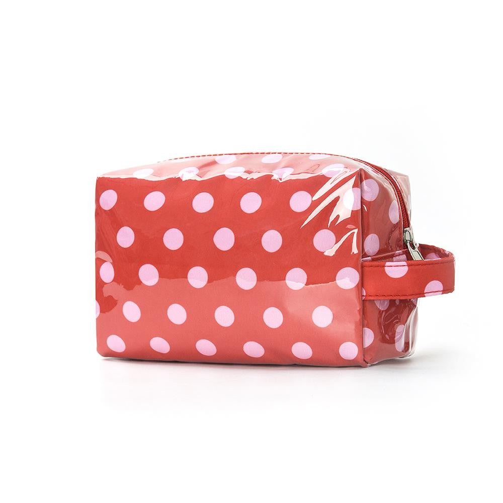 Clear coated red polka dot pouch