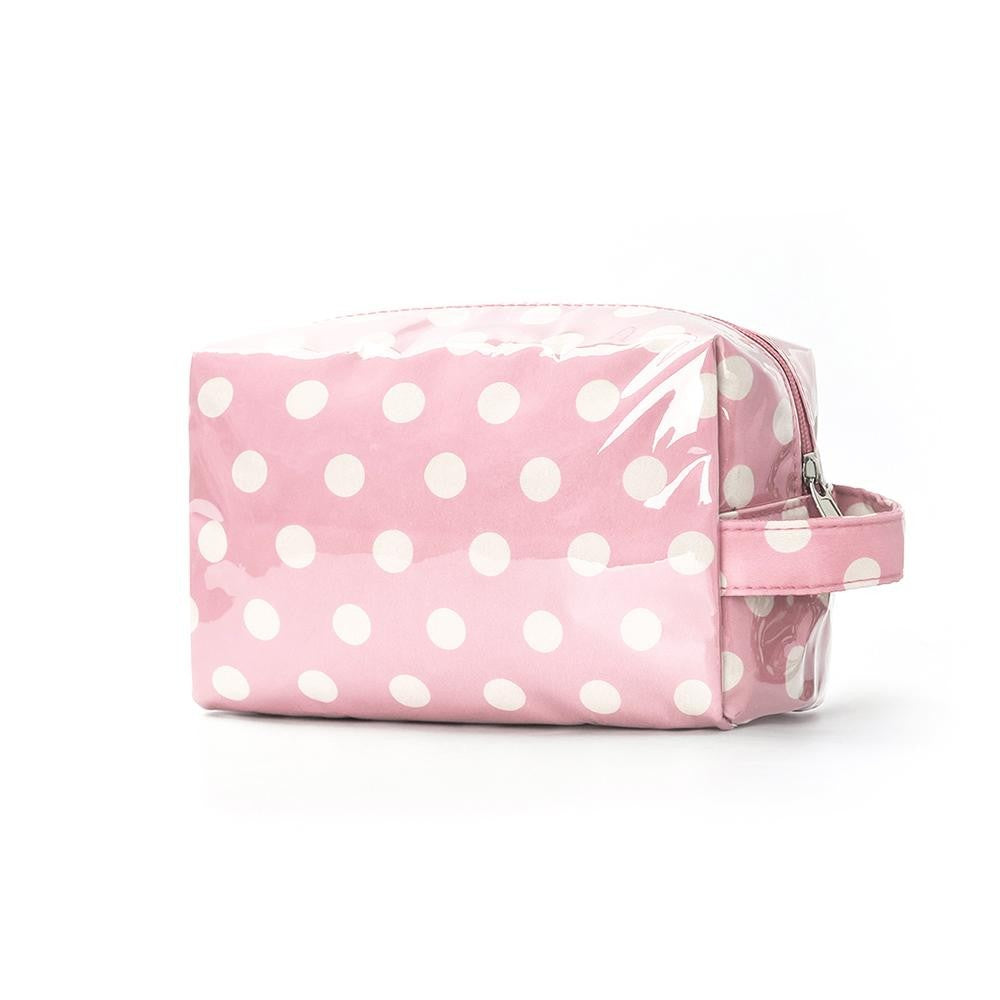 Clear coated pink polka dot pouch
