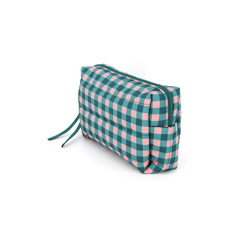 Green pink gingham quilted puffer pouch