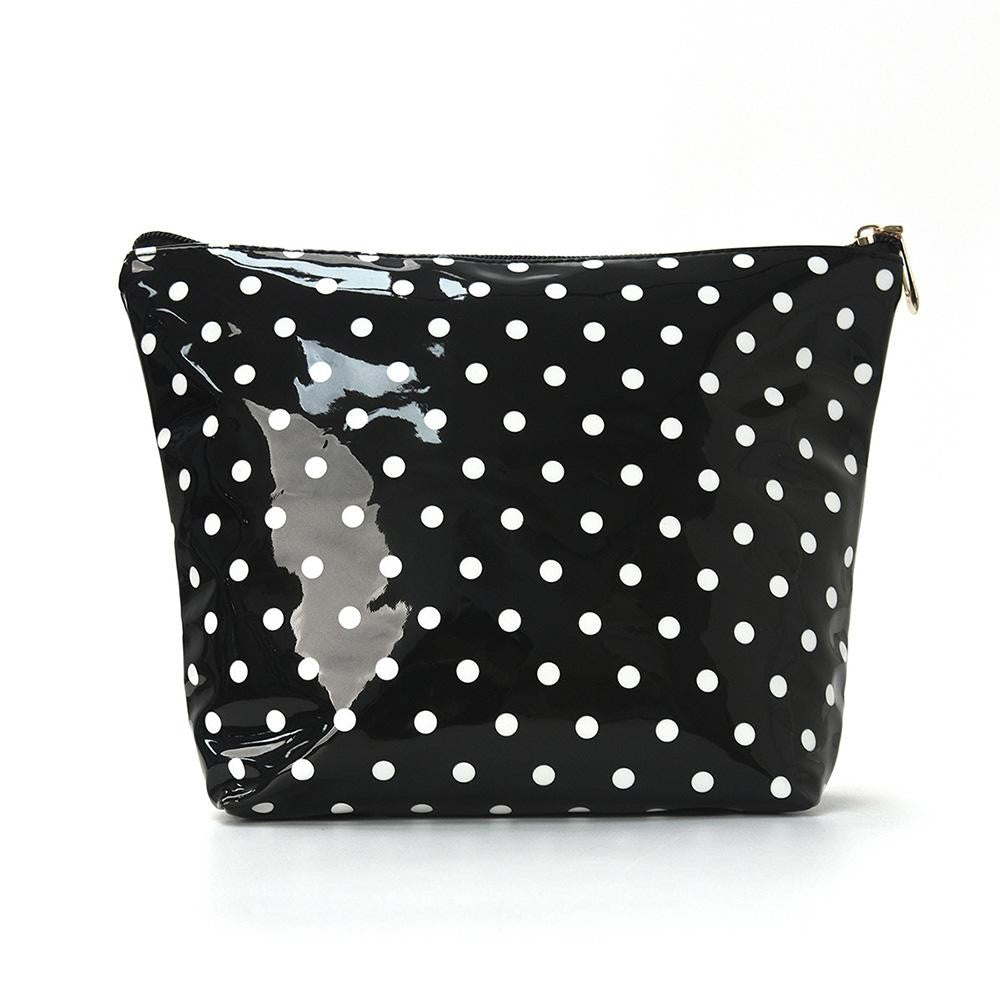 Clear coated black polka dot makeup bag