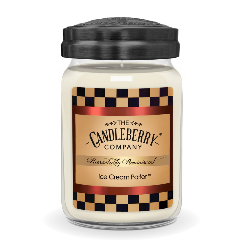 A jar candle with a label that reads 'The Candleberry Company' and 'Ice Cream Parlor'. The candle is white and has a black lid.