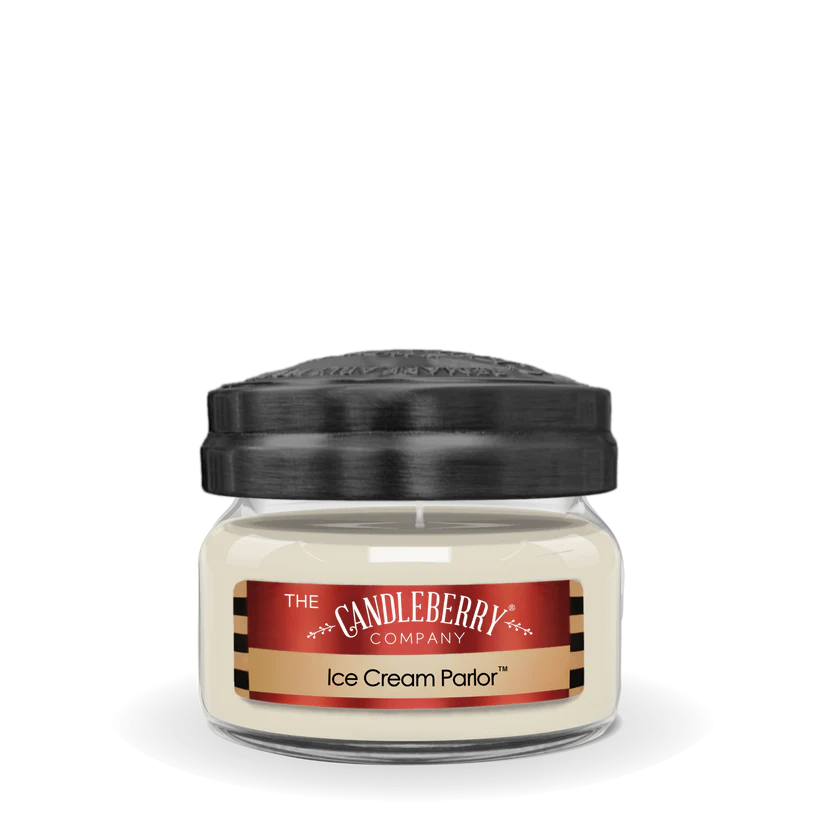 A small jar candle with a label reading 'Ice Cream Parlor', made by The Candleberry Company.