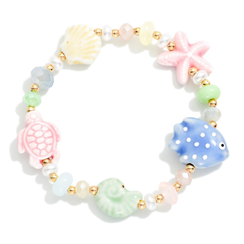 Nautical themed beaded bracelet on a white background