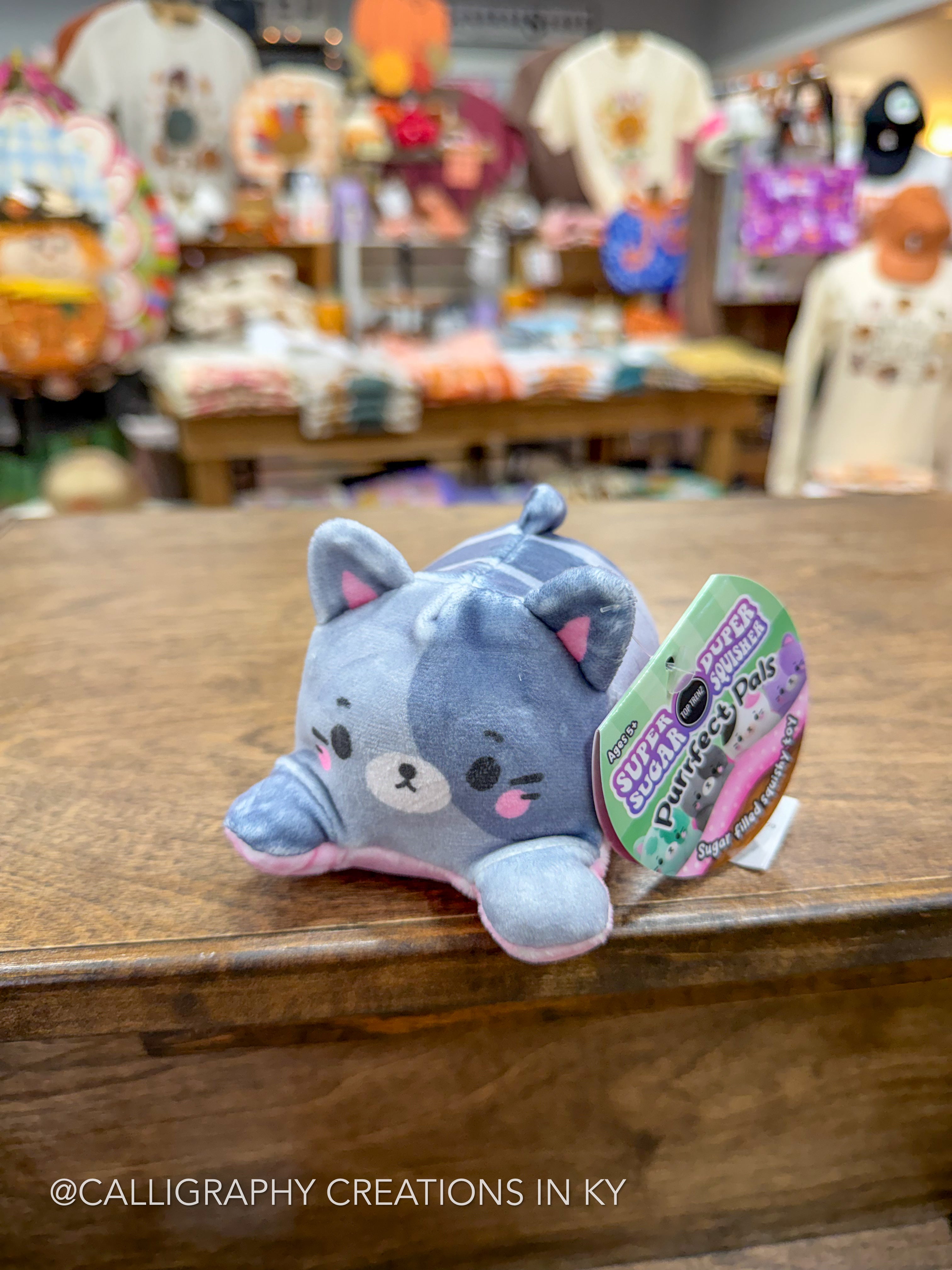 A small plush cat toy in blue-gray with pink inner ears, pink cheeks, and a pink paw pad, resting on a wooden counter in a store. A hangtag is attached to the side, and the background shows a blurred retail display with clothing and merchandise.