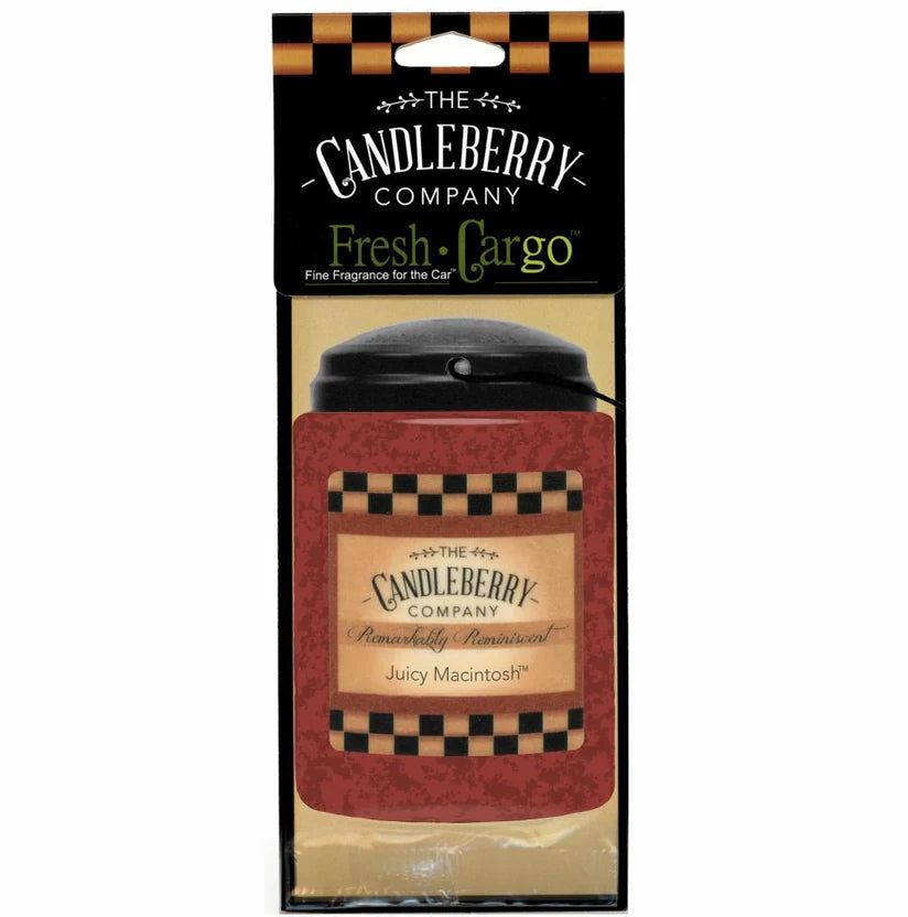 A packaged air freshener with a red and black checkered design labeled 'Candleberry Fresh CarGo Juicy Macintosh'.