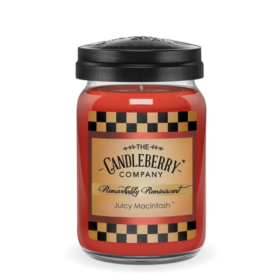 A jar candle with a red label and black lid, titled 'Juicy Macintosh', from The Candleberry Company.