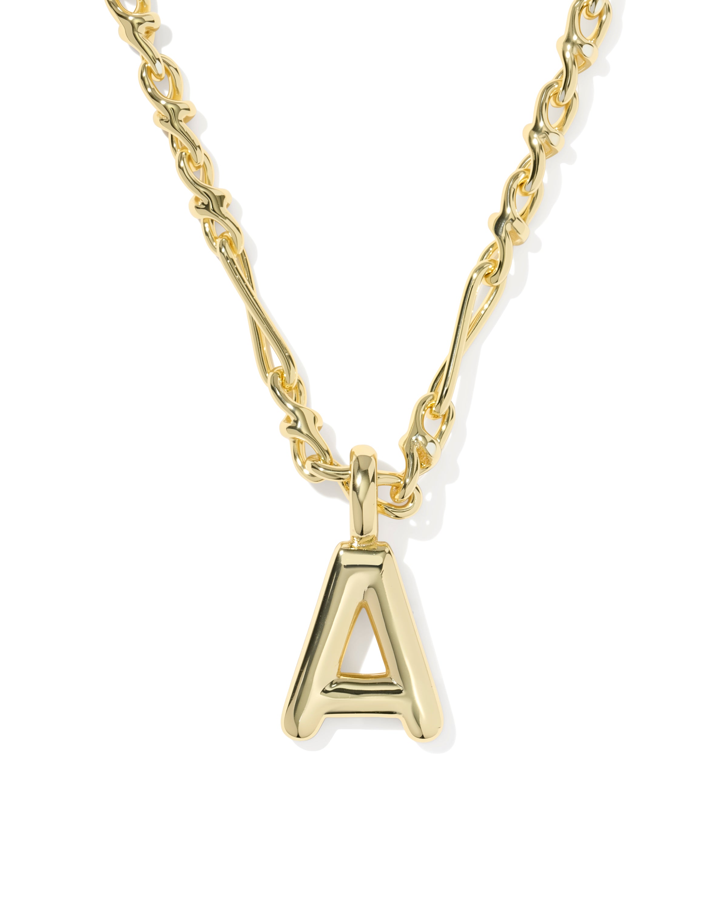 A gold initial necklace featuring a polished letter 'A' pendant on a twisted rope chain, shown against a plain white background.