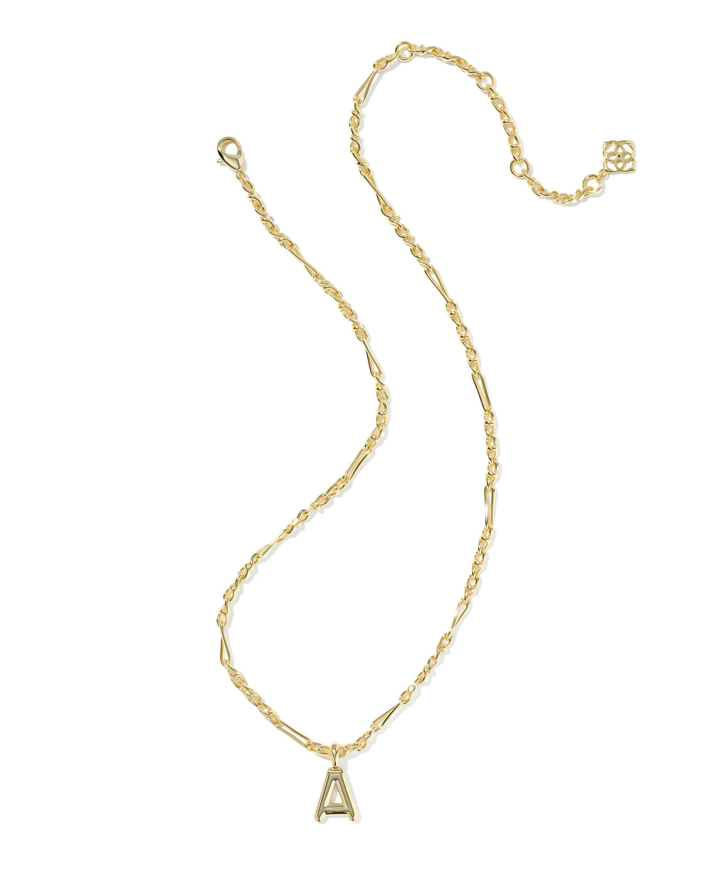 A delicate gold chain necklace featuring a small, openwork triangular pendant with the letter 'A' in the center, displayed on a clean white background.