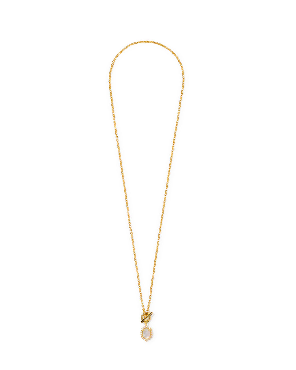 A delicate gold chain necklace featuring a small butterfly pendant and a round white stone bezel-set below it, displayed on a clean white background.