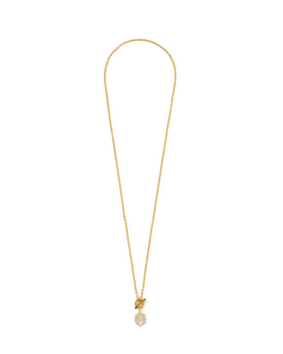 A delicate gold chain necklace featuring a small butterfly pendant and a round white stone bezel-set below it, displayed on a clean white background.