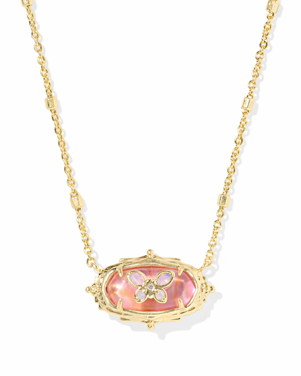 A gold chain necklace featuring an oval pendant with a pink iridescent mother-of-pearl background and a gold butterfly motif, set against a clean white background.