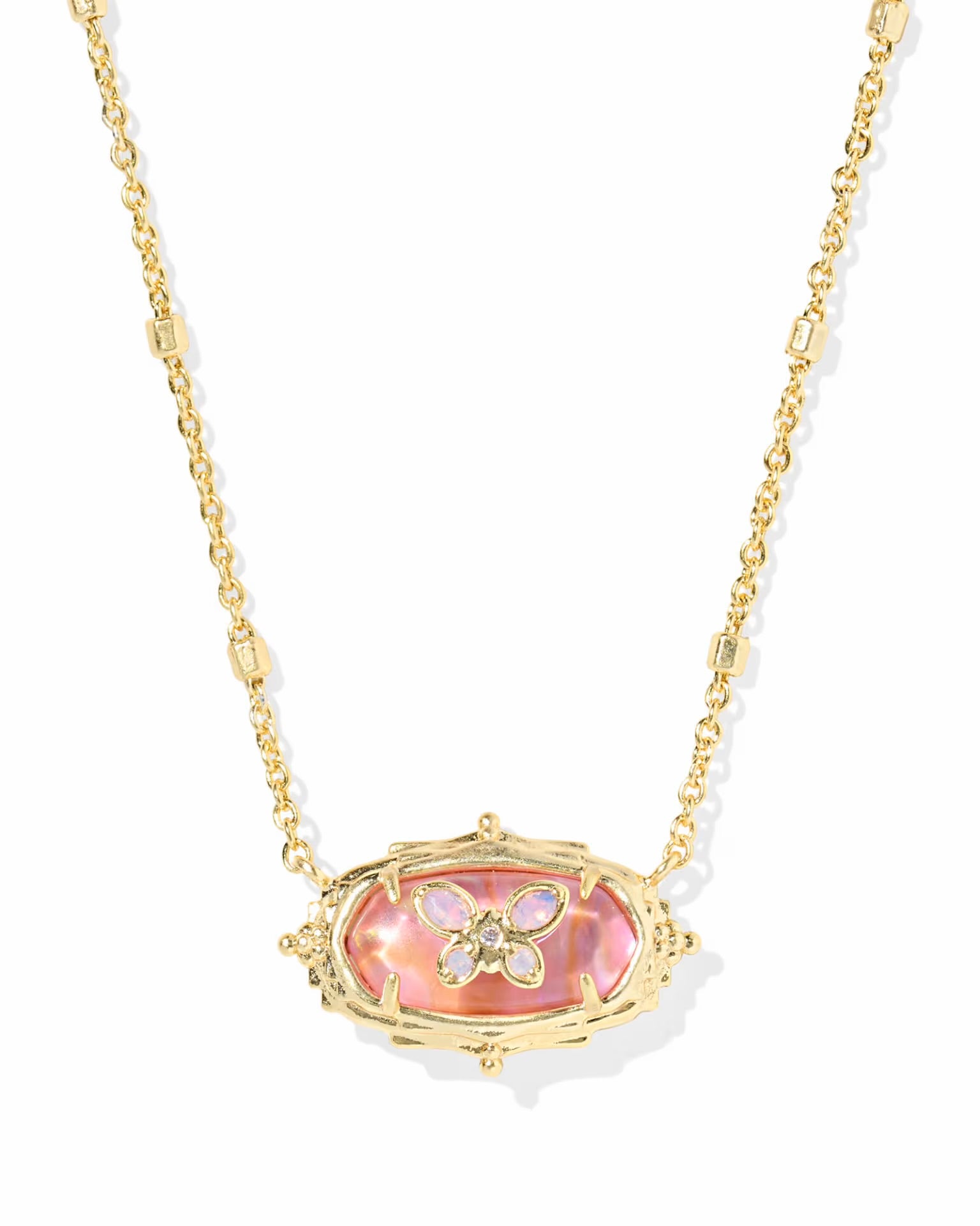 A gold chain necklace featuring an oval pendant with a pink iridescent mother-of-pearl background and a gold butterfly motif, set against a clean white background.