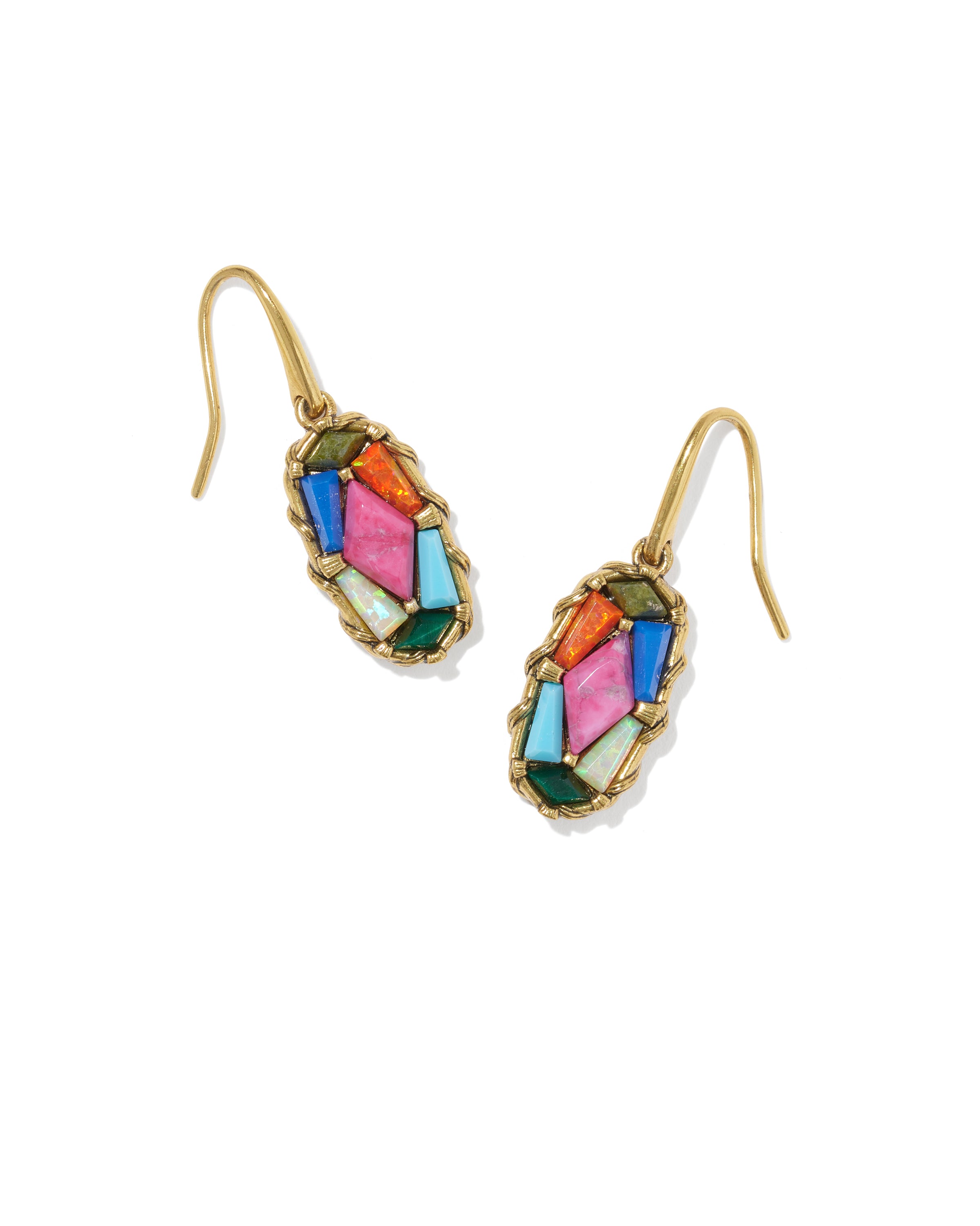 Multicolored gemstone earrings with vintage gold hooks on a white background