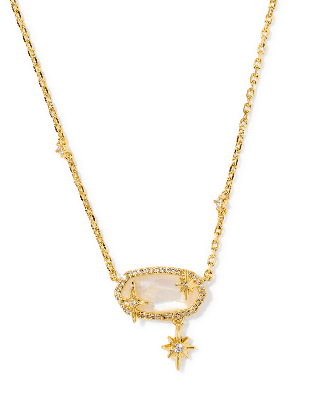 A gold chain necklace featuring an oval halo pendant set with a pale pinkish-yellow stone and small star-shaped charms, shown on a plain white background.