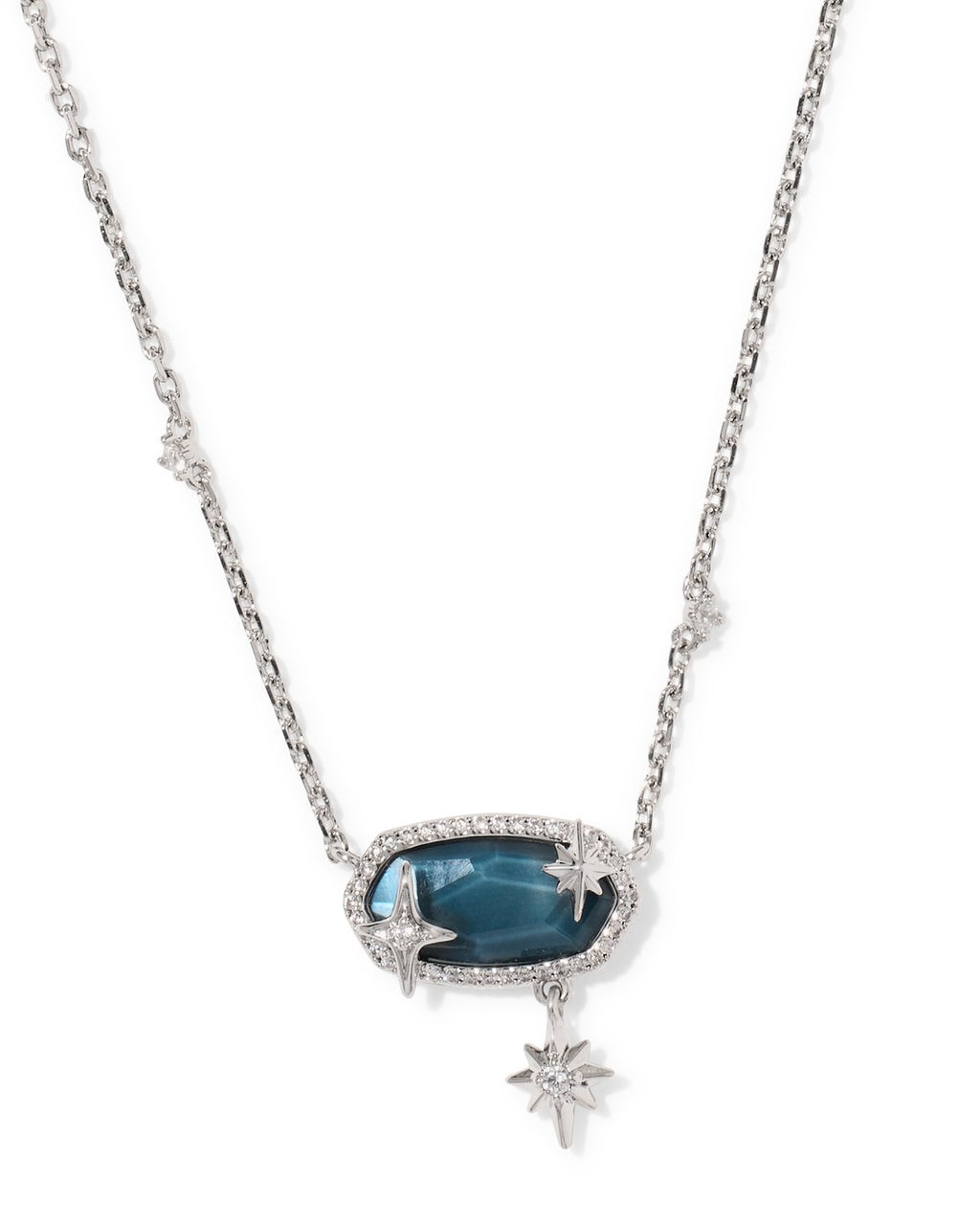 A silver-toned celestial necklace featuring a central oval blue gemstone surrounded by small clear stones and star-shaped accents, with a dangling star charm, shown on a plain white background.