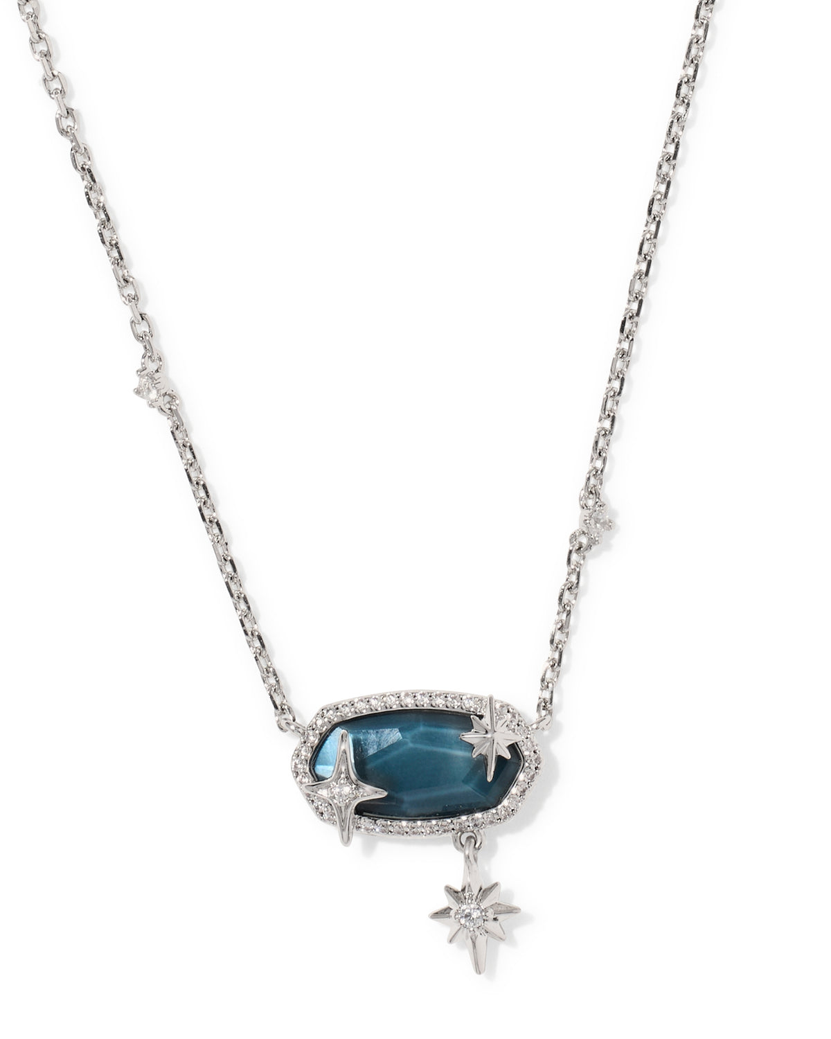 A silver-toned celestial necklace featuring a central oval blue gemstone surrounded by small clear stones and star-shaped accents, with a dangling star charm, shown on a plain white background.