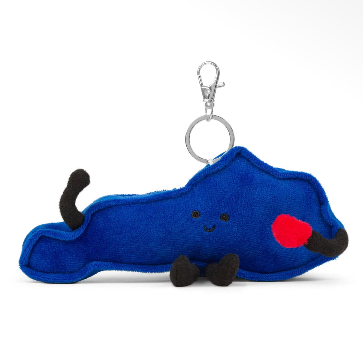 A blue plush keychain shaped like a cartoon creature with a silver clasp, featuring black embroidered eyes and feet, a red belly patch, and a small black tail, shown on a white background.