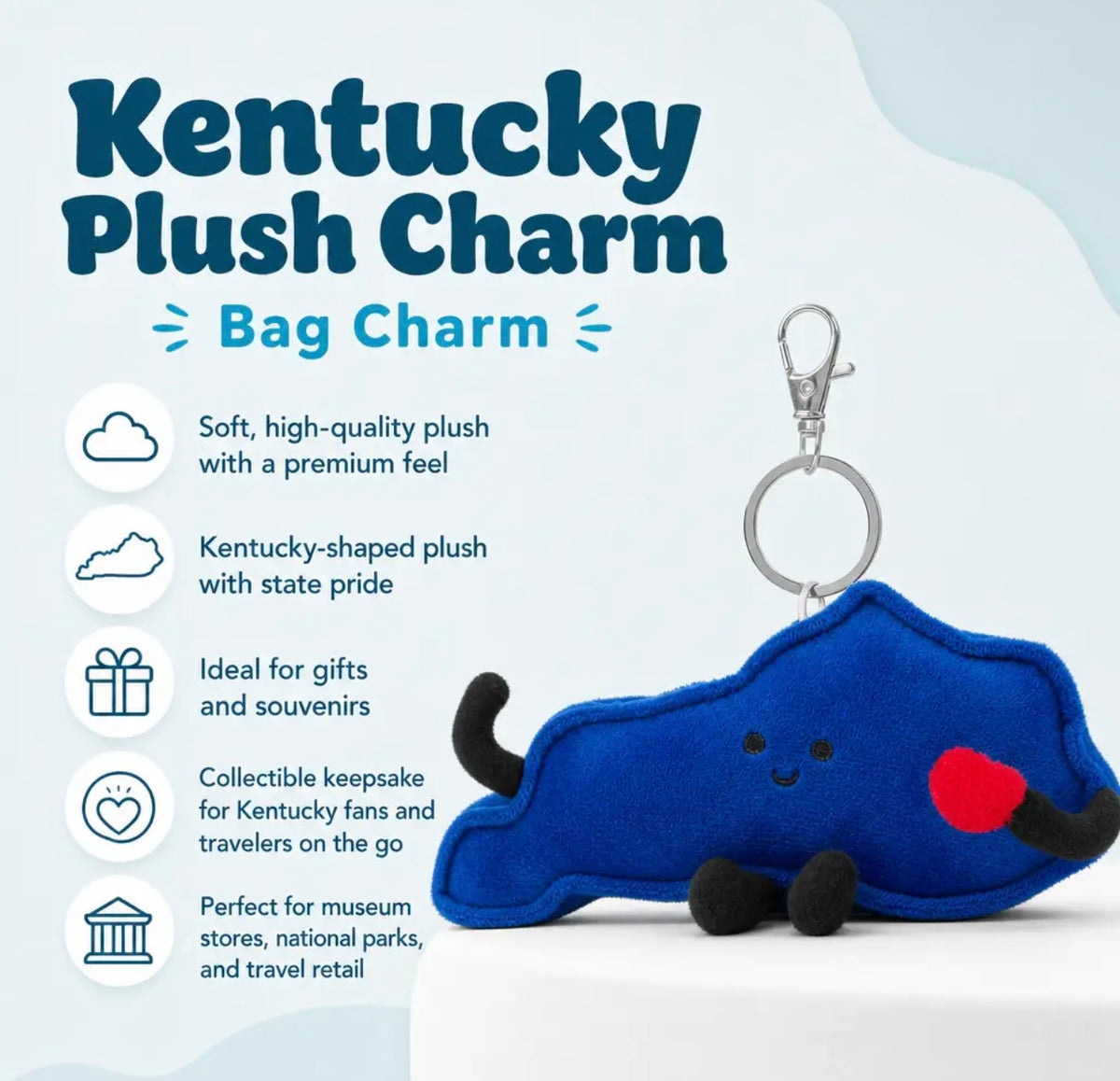 A blue cloud-shaped plush bag charm with black feet and mouth details, attached to a silver metal key ring, shown on a light blue graphic background with marketing text and feature icons.