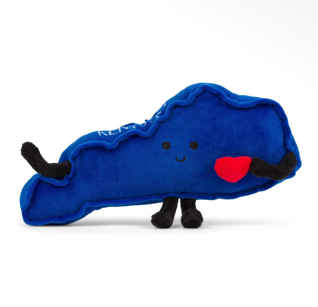 A blue plush pillow shaped like a cloud with a smiling face, black feet and hands, and a red heart-shaped mouth, shown on a clean white background.