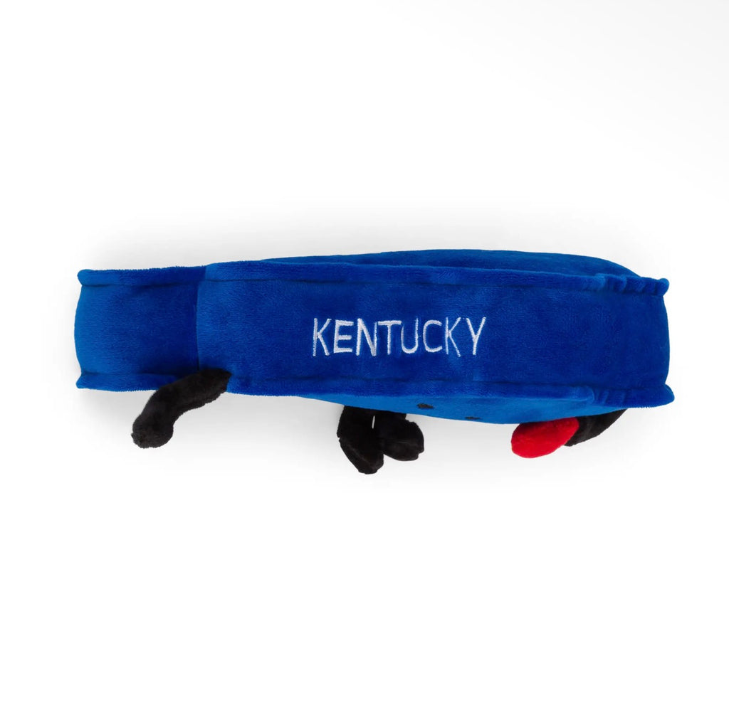 A blue plush headband featuring the word 'KENTUCKY' embroidered in white across the front, with small black and red plush feet extending from the sides, shown on a plain white background.