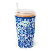 Blue and white patterned drink sleeve on white background 