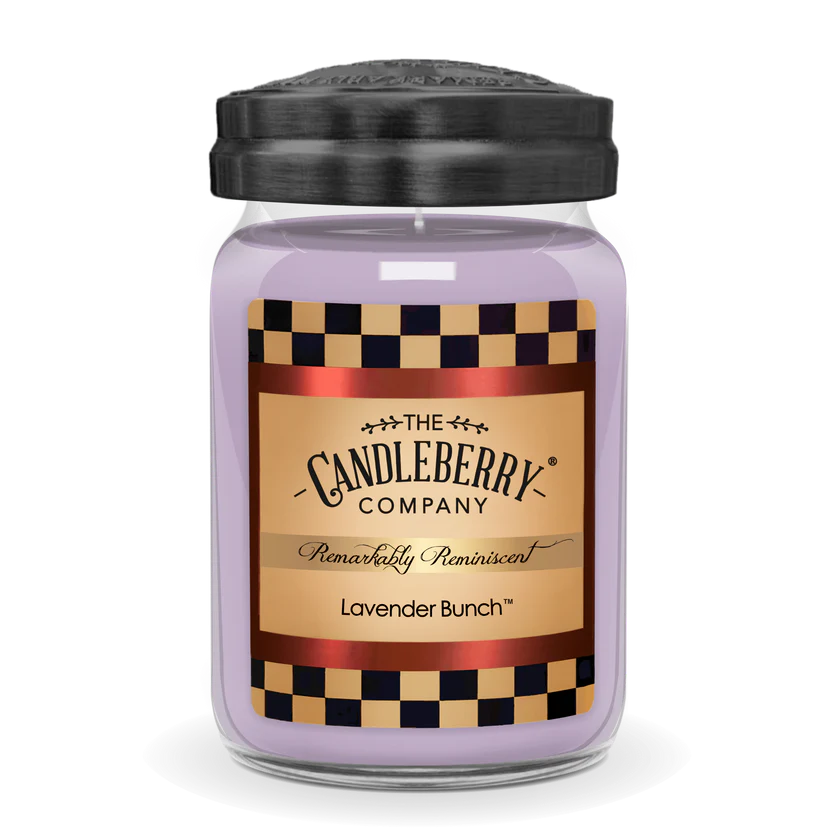 A jar candle with a purple label reading 'Lavender Bunch' from The Candleberry Company.