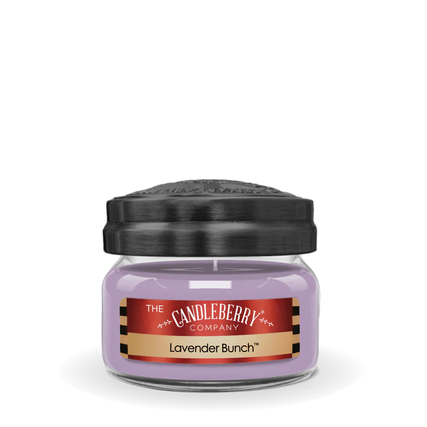 A small jar candle with a black lid, labeled 'Lavender Bunch' from The Candleberry Company.