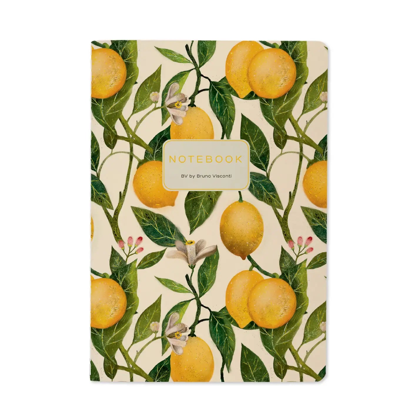 Notebook with lemon and green leaf pattern on a white background