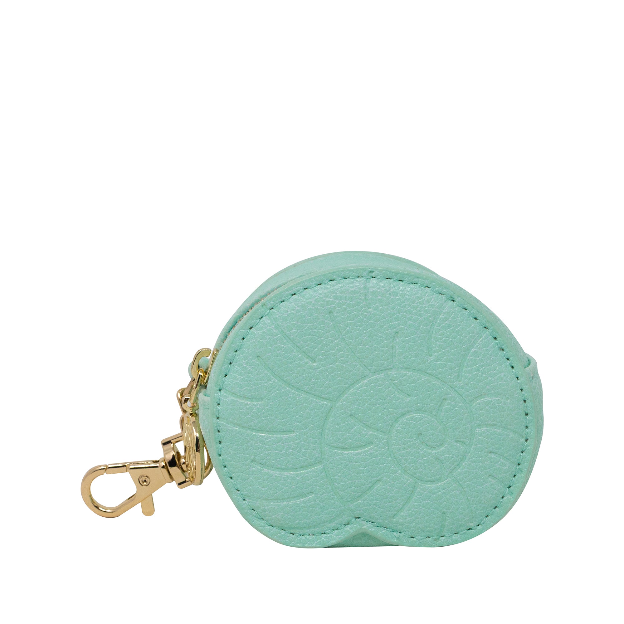 Mint green shell shaped coin purse with gold zipper on a white background