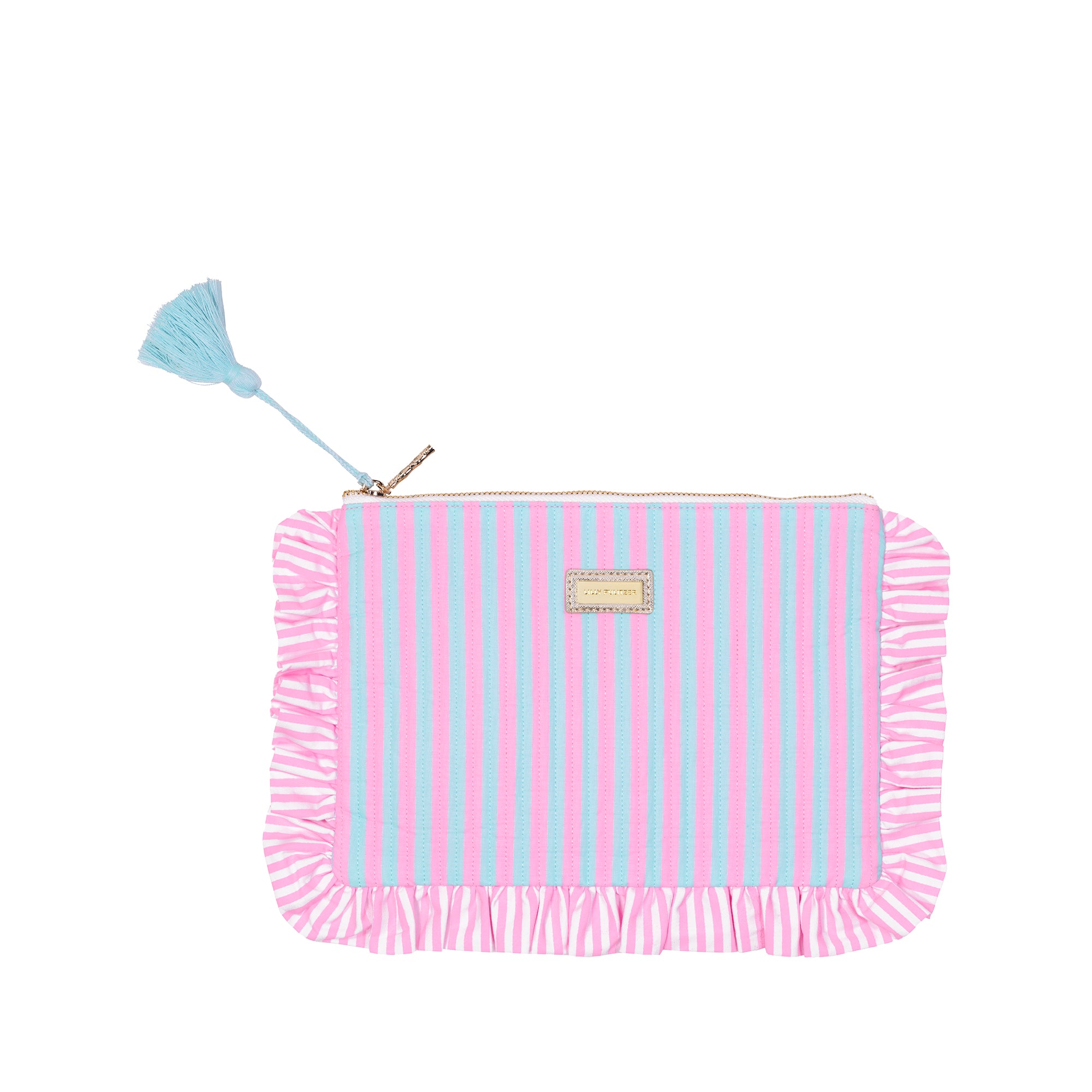 Blue and pink striped pouch on a white background
