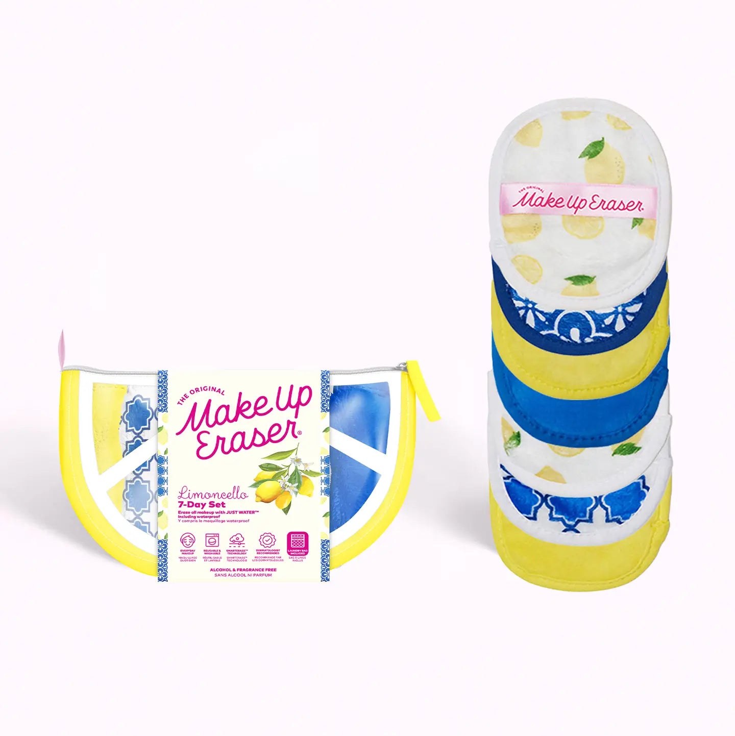 Lemon shaped case on the left with 7 patterned makeup erasers on the right. 